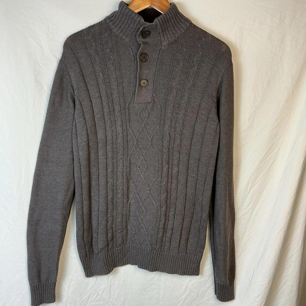 Tricots St. Raphael Mens Cable Knit Sweater Mock Neck Gray Sherpa Lined Collar